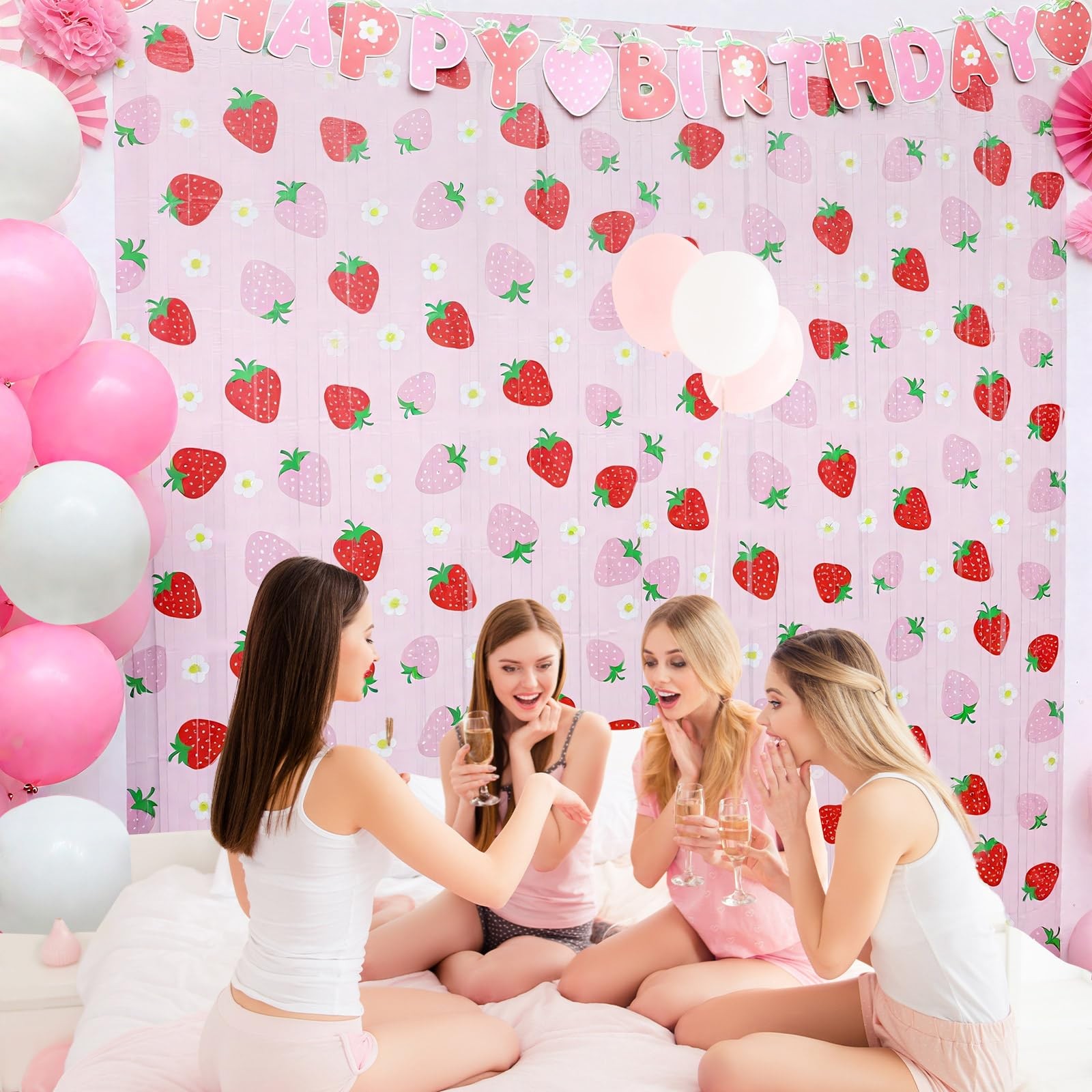 2 PCS Strawberry Foil Fringe Curtain Birthday Party Backdrop 3.3×6.6 FT