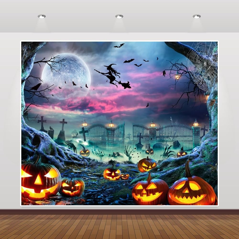 Halloween Backdrop Background 10x8ft Scary Full Moon Pumpkin Cemetery Hallowe…