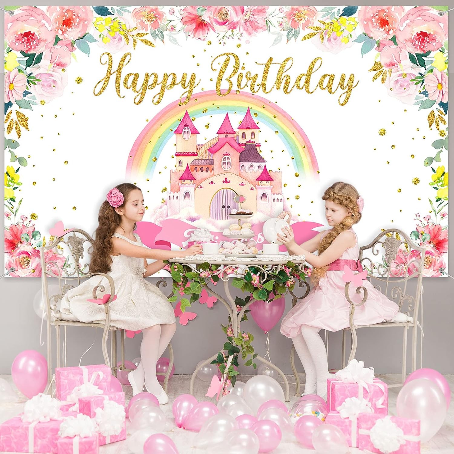 Tegeme Princess Birthday Party Backdrop Pink Royal Castle Large, Pink,Rainbow