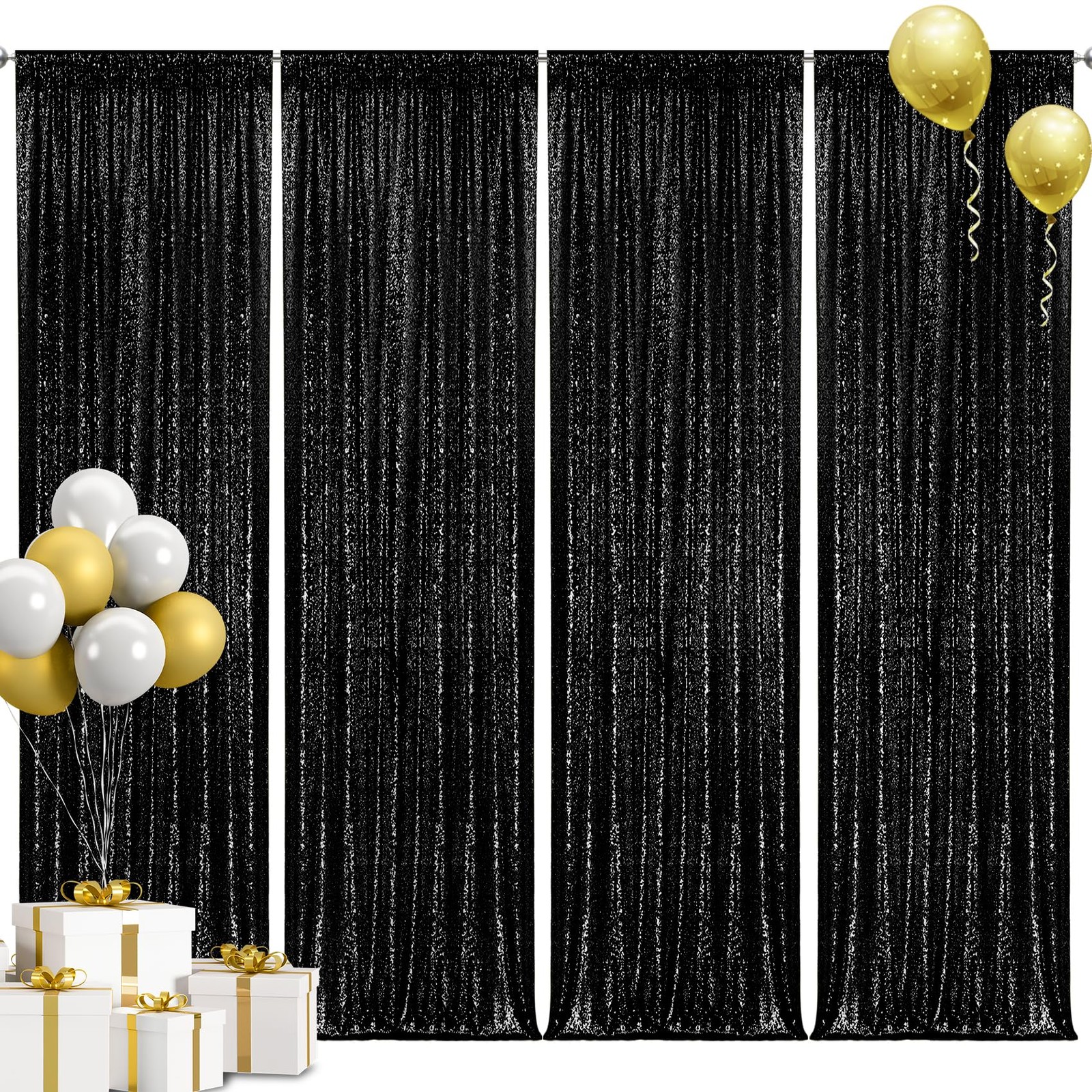 4 PCS 2x8ft Black Sequin Backdrop Curtains Glitter Photography Background Hub