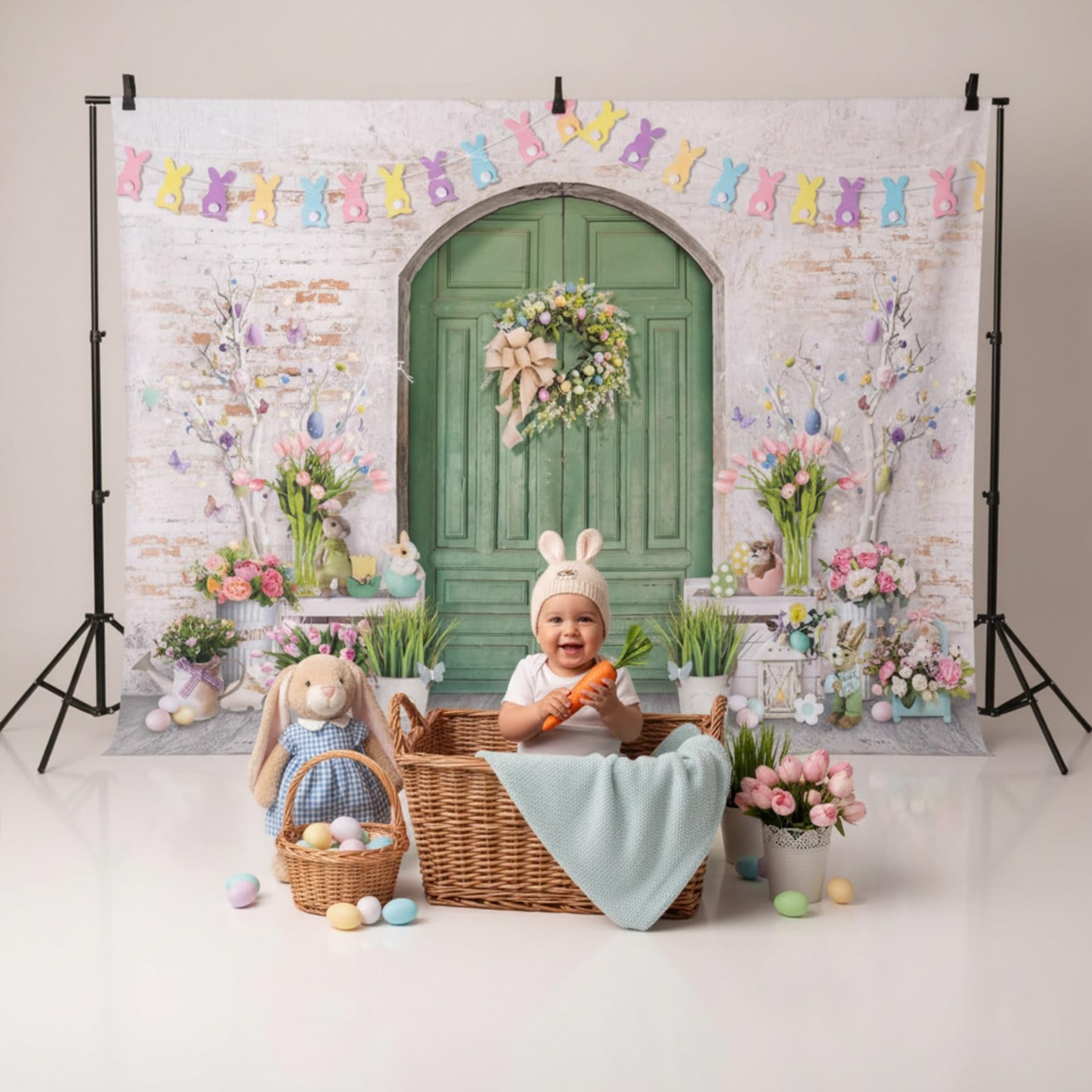 Mocsicka Easter Backdrop Green Wooden Doors Brick 7x5ft (82×60 inch),