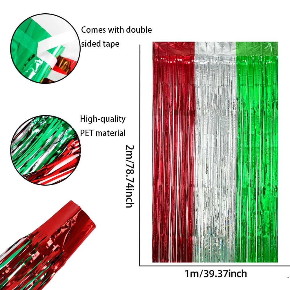 3 PCS 3.3×6.56ft Christmas Party Backdrop Red Green Silver Foil Fringe Curtain