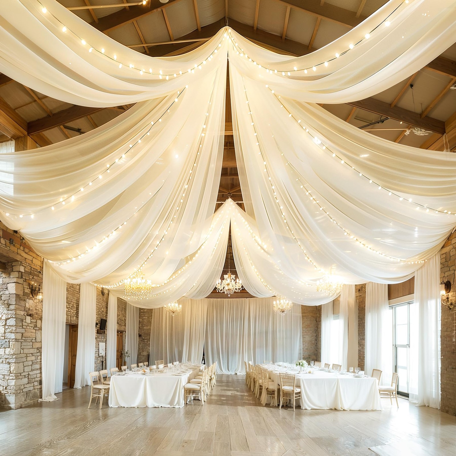 Ivory Ceiling Drapes with Lights – String Drapes for Wedding & Party Decorations