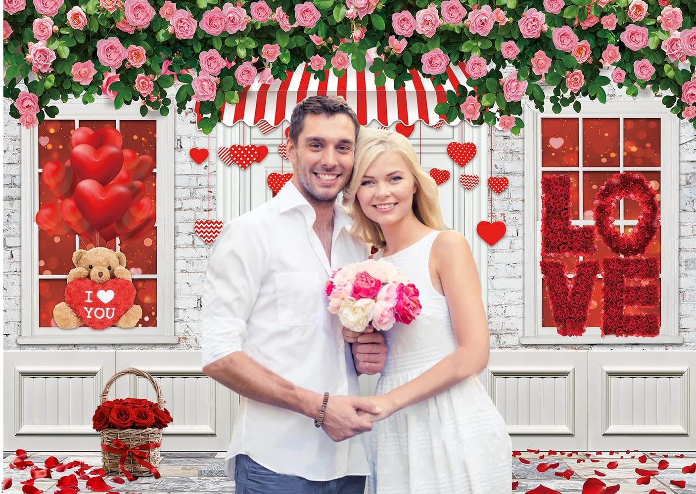 8×6 FT Valentine Day Pink Rose Flower Brick Wall Wedding Backdrop D807