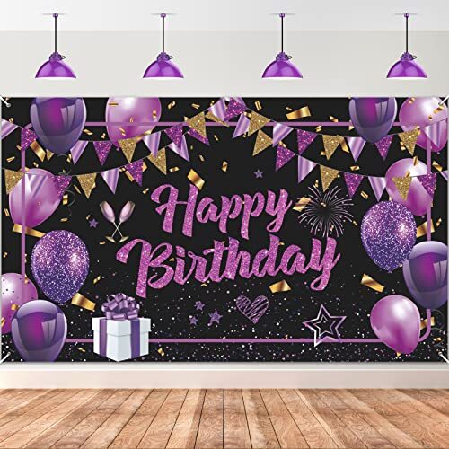 Black Purple Happy Birthday Banner Party Backdrop Decorations Photo Background