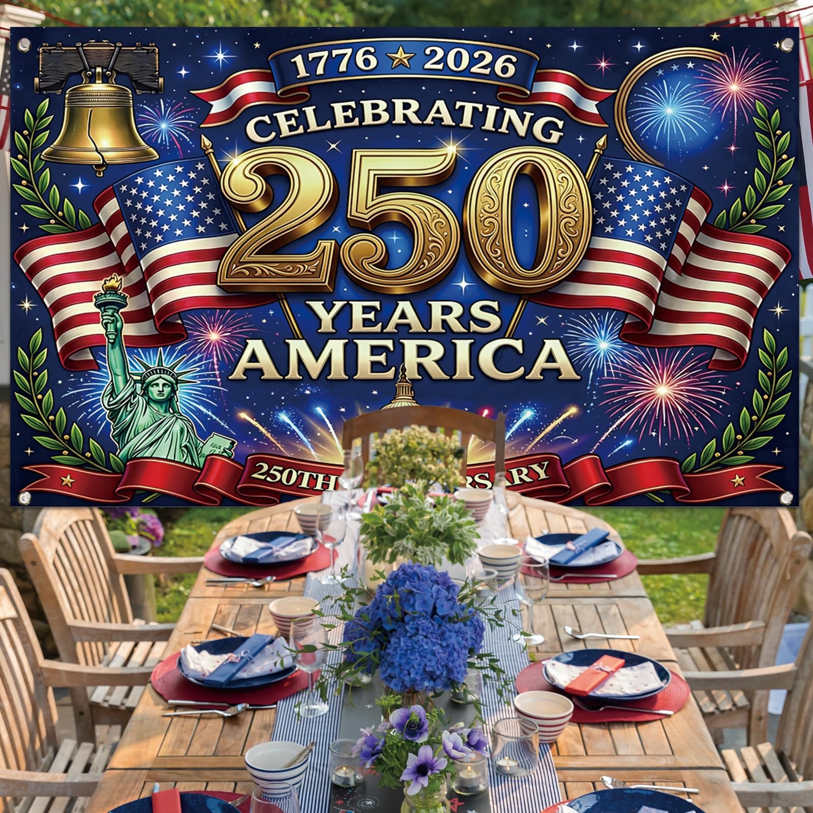 Large 250th Anniversary Flag Backdrop 1776-2026 4th of July Patriotic Banner