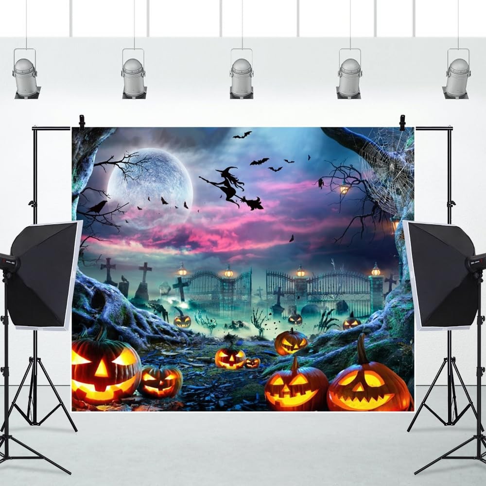 Halloween Backdrop Background 10x8ft Scary Full Moon Pumpkin Cemetery Hallowe…