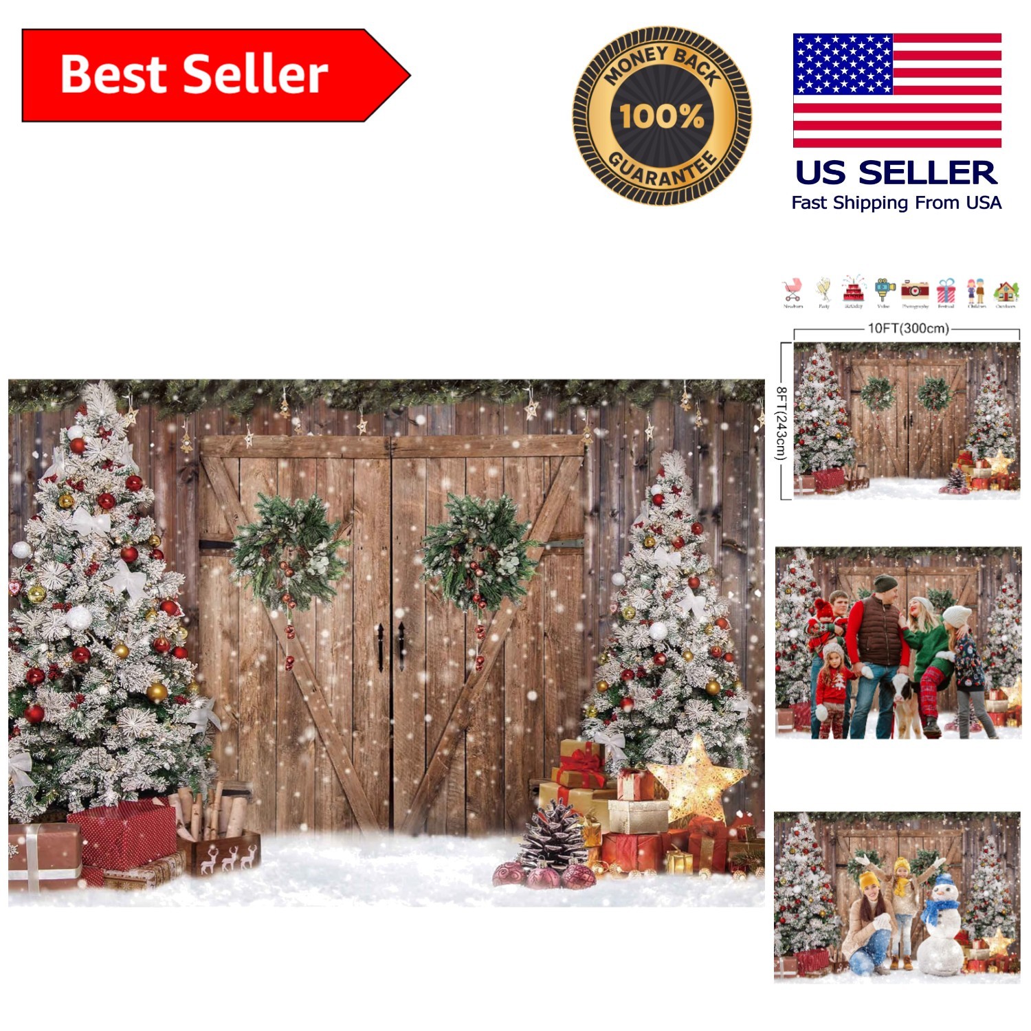 10x8FT Christmas Backdrop: Rustic Barn Door Design for Holiday Photography