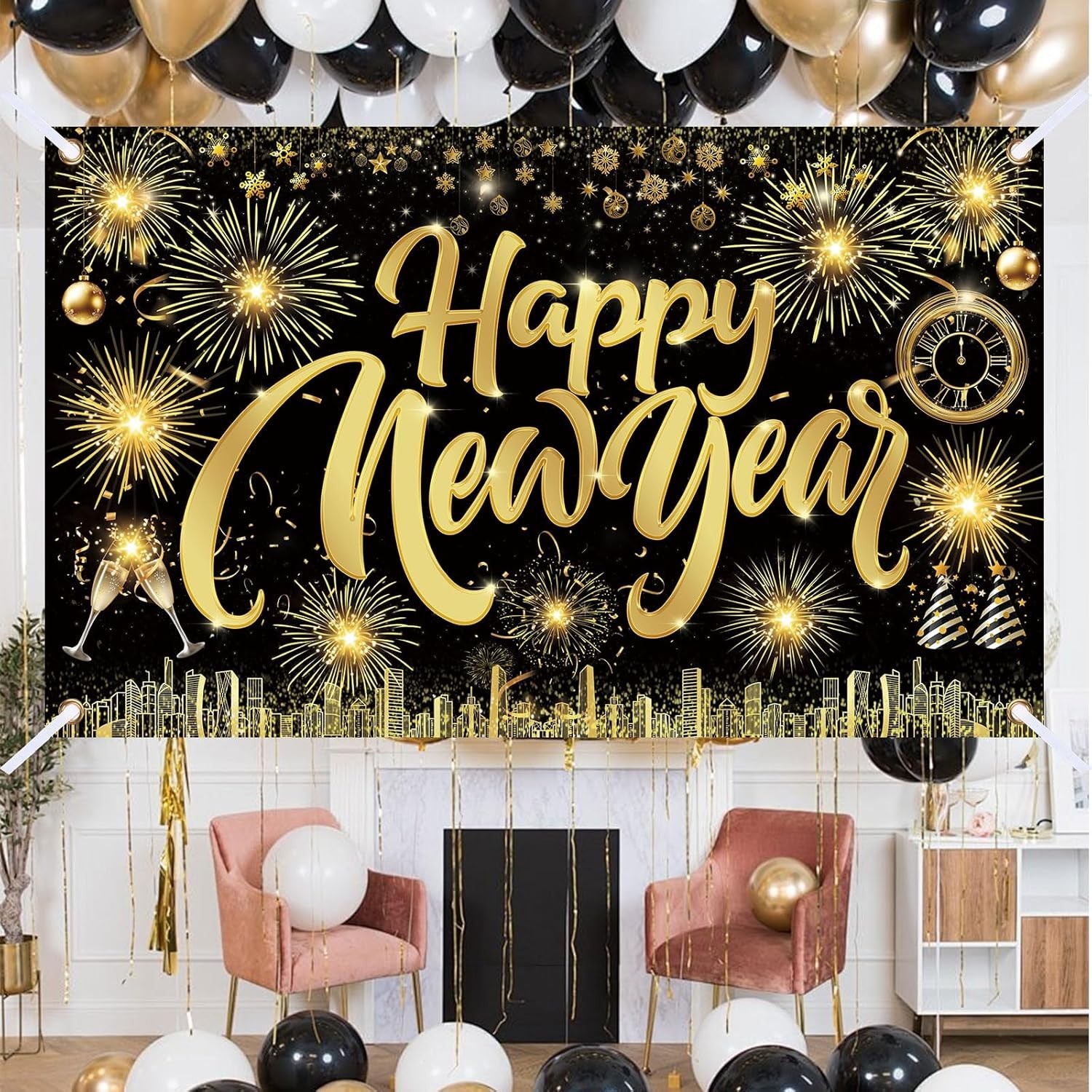 Famoby Happy New Year Fabric Sign Poster Banner Backdrop with Fireworks Large