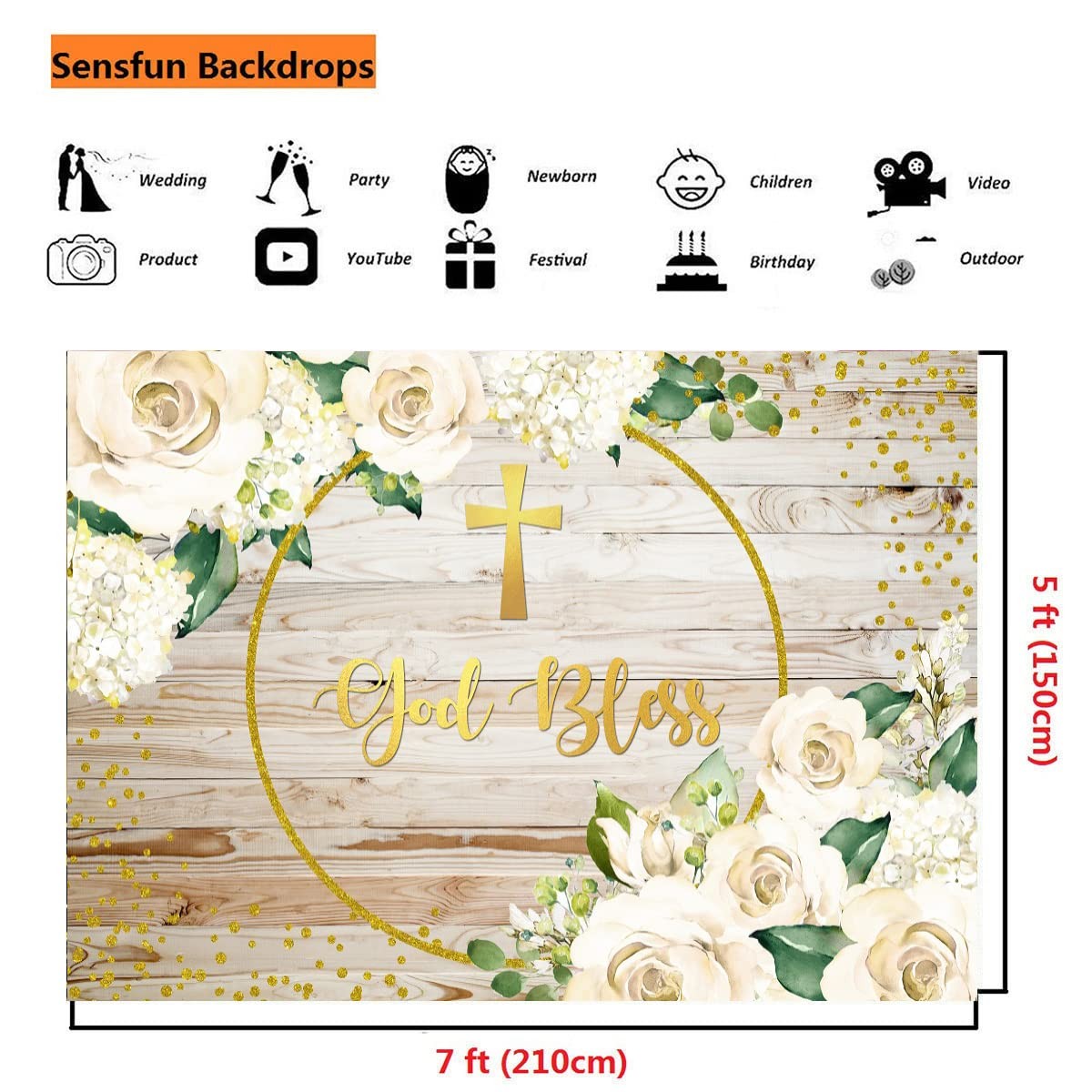 God Bless Backdrop Rustic Wood White Floral Newborn Baby Shower Photography B…