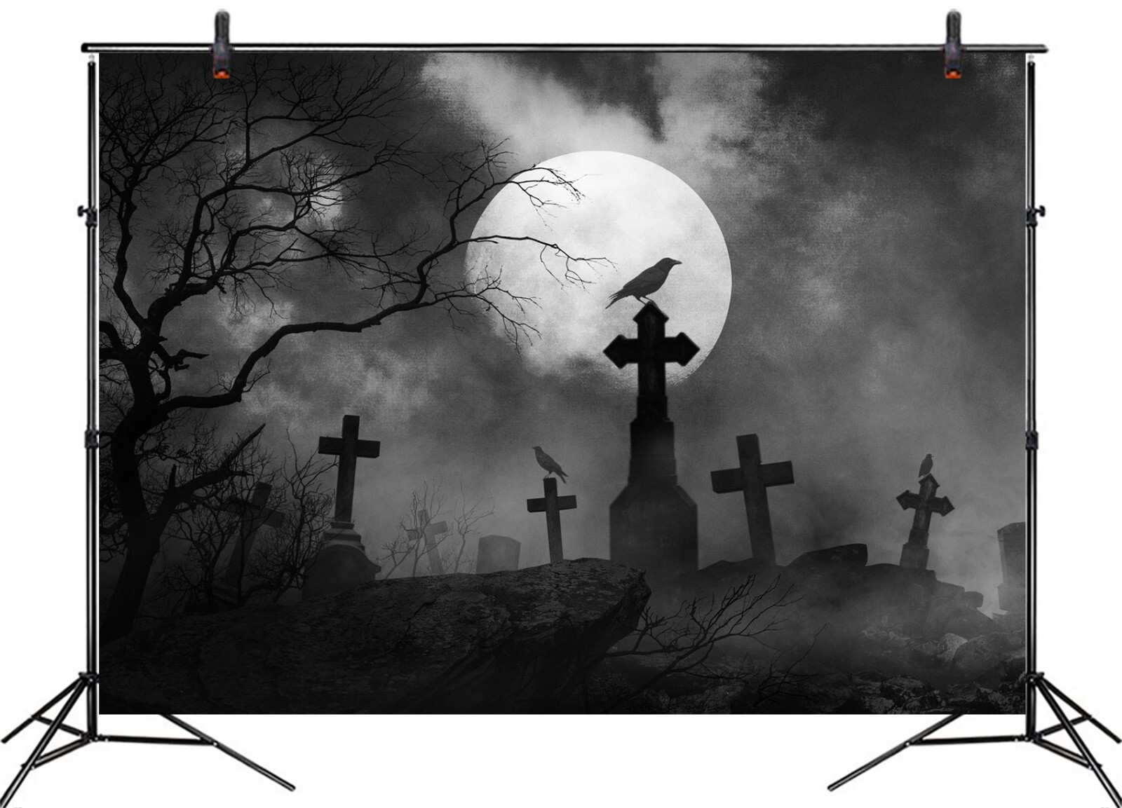10x8ft Spooky Full Moon Dead Tree Bat Halloween Vinyl Backdrop Photo Background