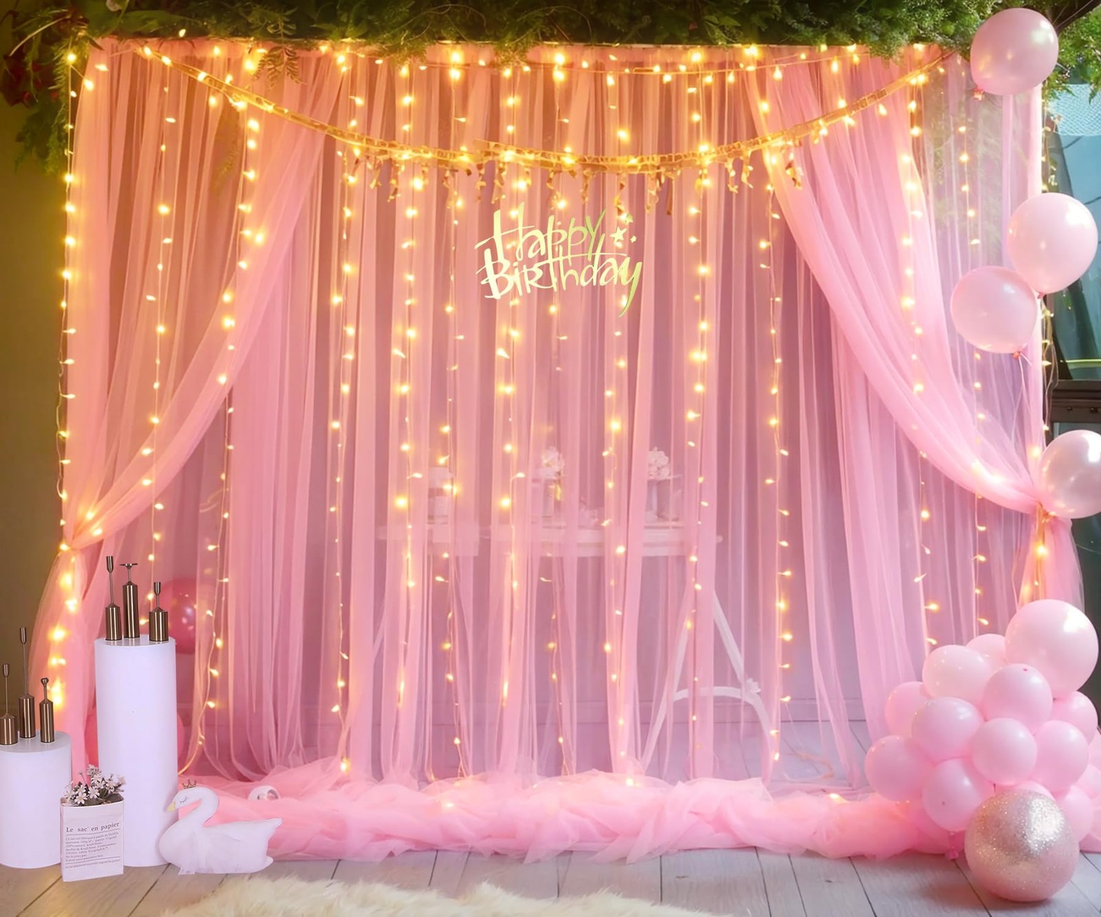 10×10 FT Baby Pink Tulle Photo Backdrop Curtain String Lights Wedding Party