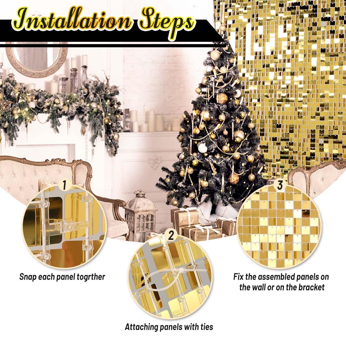 Kate Square Light Gold Sequin Wall Panels Shimmer Wall Birthday Party Backdro…