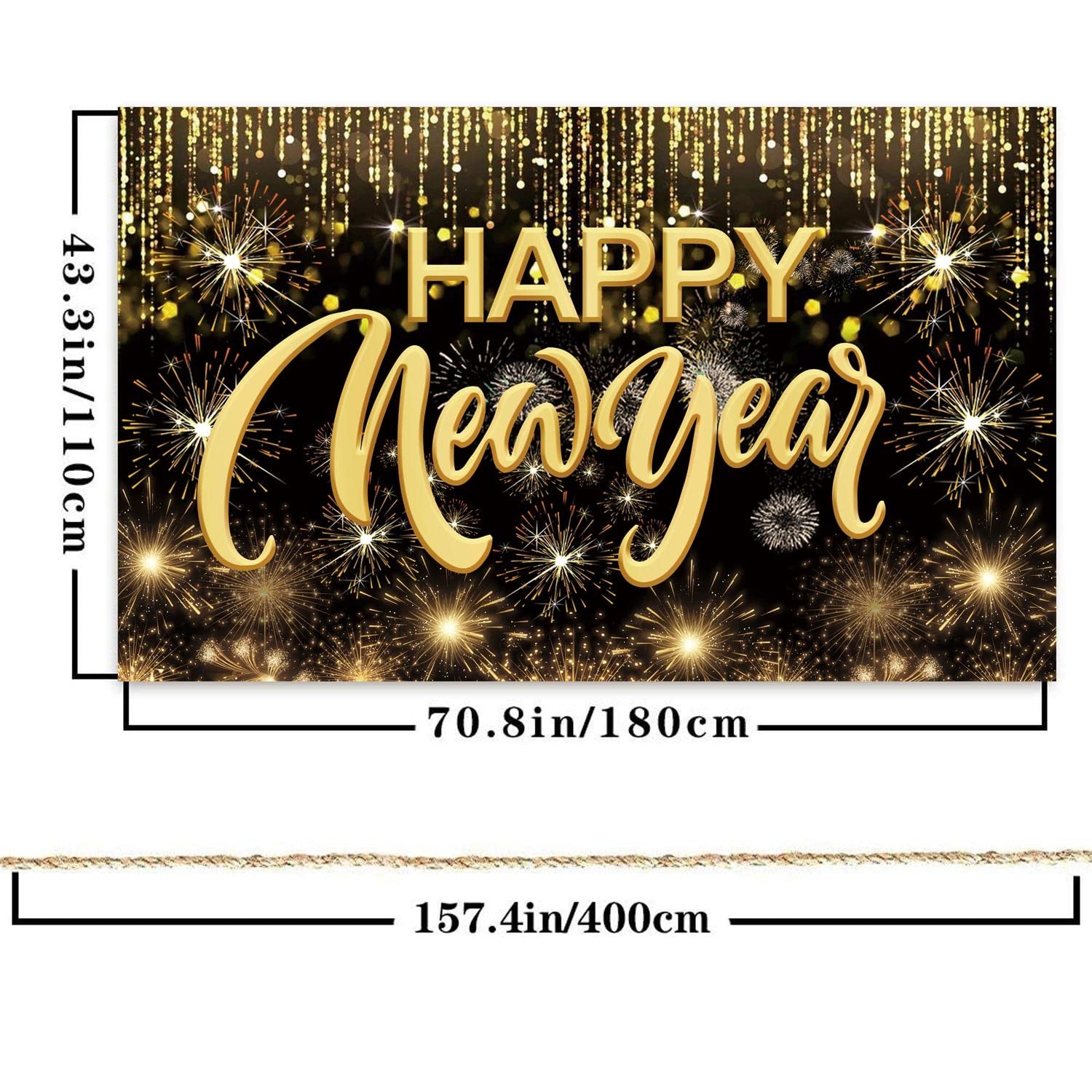 Happy New Year Hanging Extra Large Fabric 43.3 inches x 70.8 inches, Gold