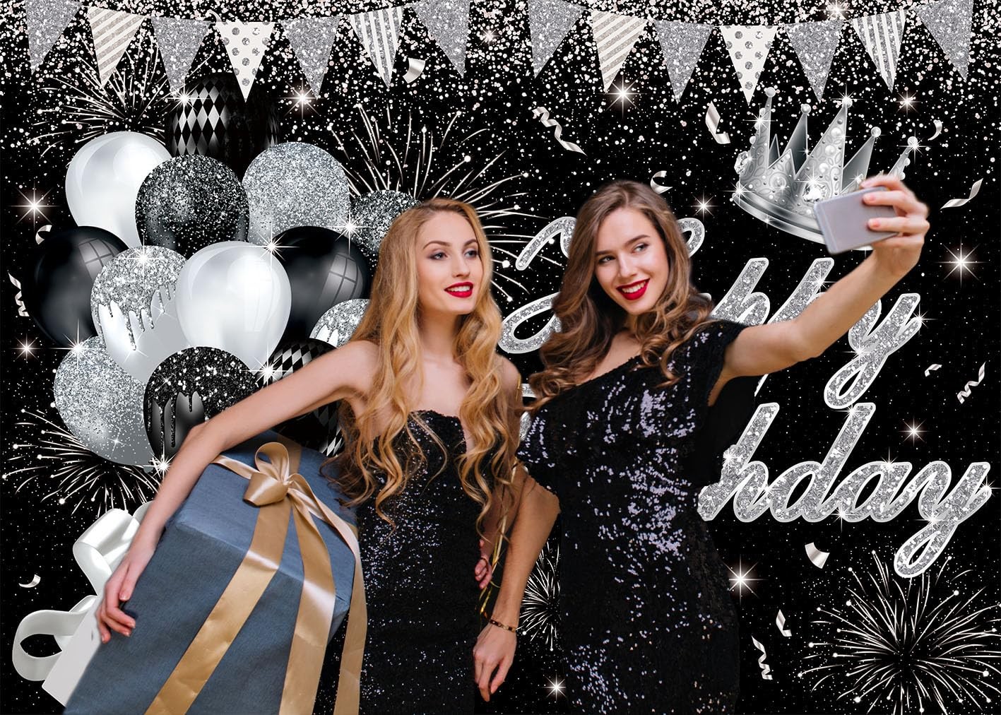 Silver Black Happy Birthday Backdrop 7x5ft Silver