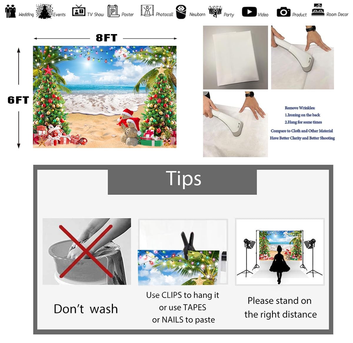 July Christmas Summer Hawaiian Beach Photography Backdrop 8x6ft Holiday Prop