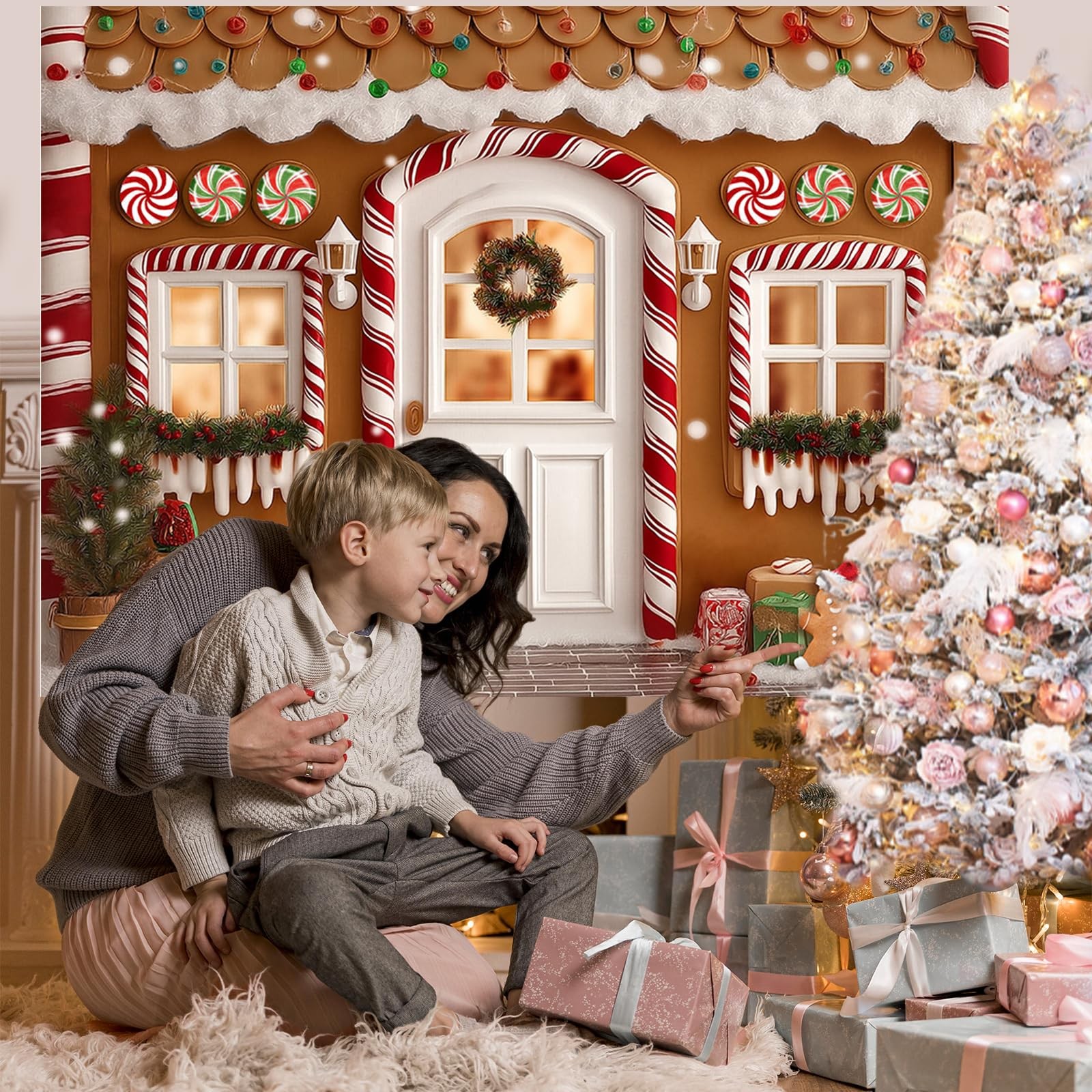 7x5FT Gingerbread Christmas Backdrop Candy Cane House Family Photo Props