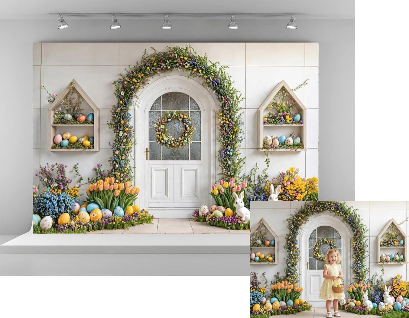 Colorful Easter Eggs Photography Backdrop White Rabbit Flowers 7×5 Ft Prop