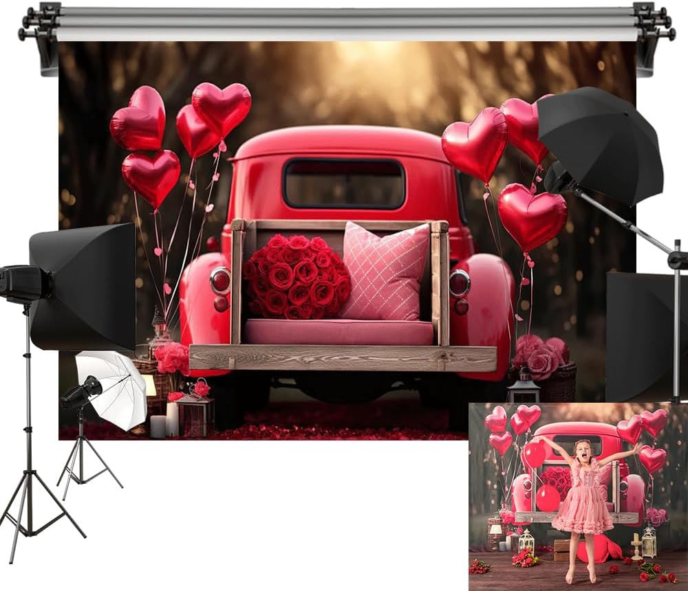 10X8Ft/3X2.5M Valentine Backdrop Truck Heart Balloon Rose Computer Printed Cloth