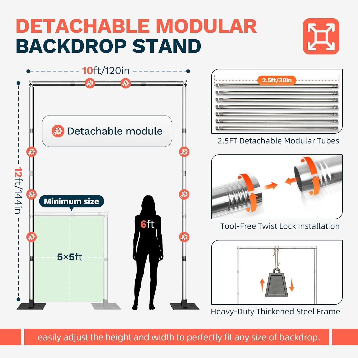 Heavy-Duty Tubular Background Stand Set, 12×10 Feet 12ft×10ft, Silver