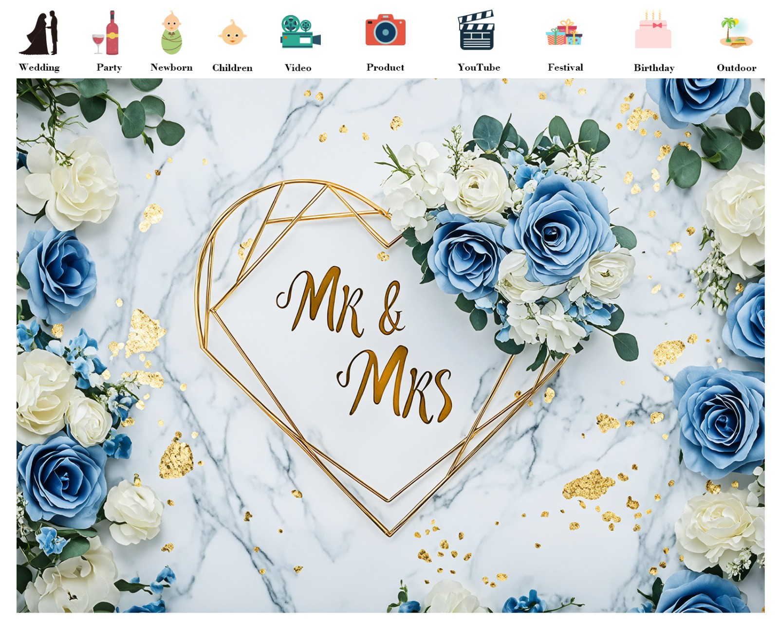 10x8ft Bridal Blue Floral Mr and Mrs Wedding Vinyl Backdrop Photo Background