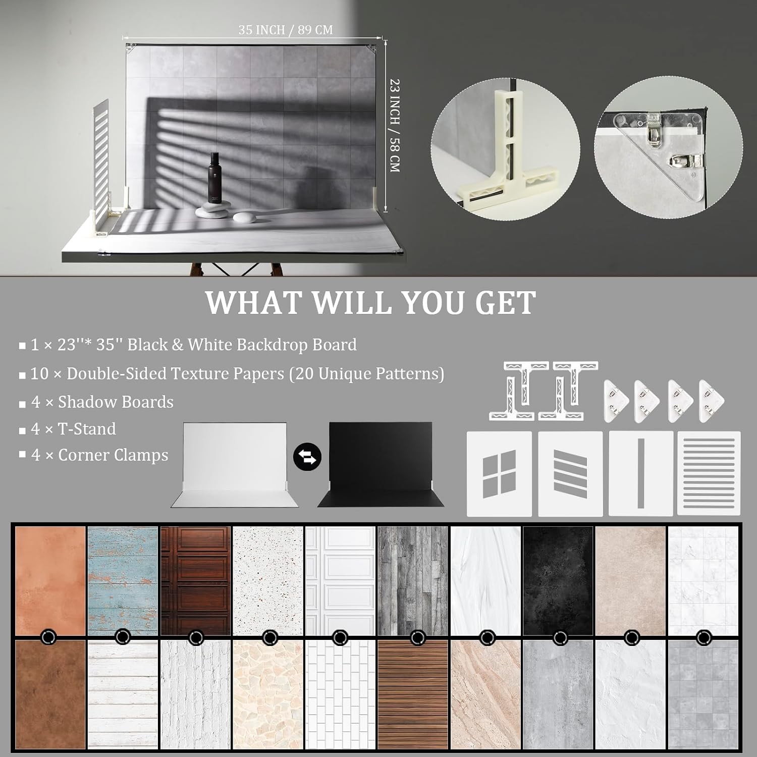 Product Photography Backdrops W/ Shadow Boards 23x35in 10 Pcs 20 Patterns Photo