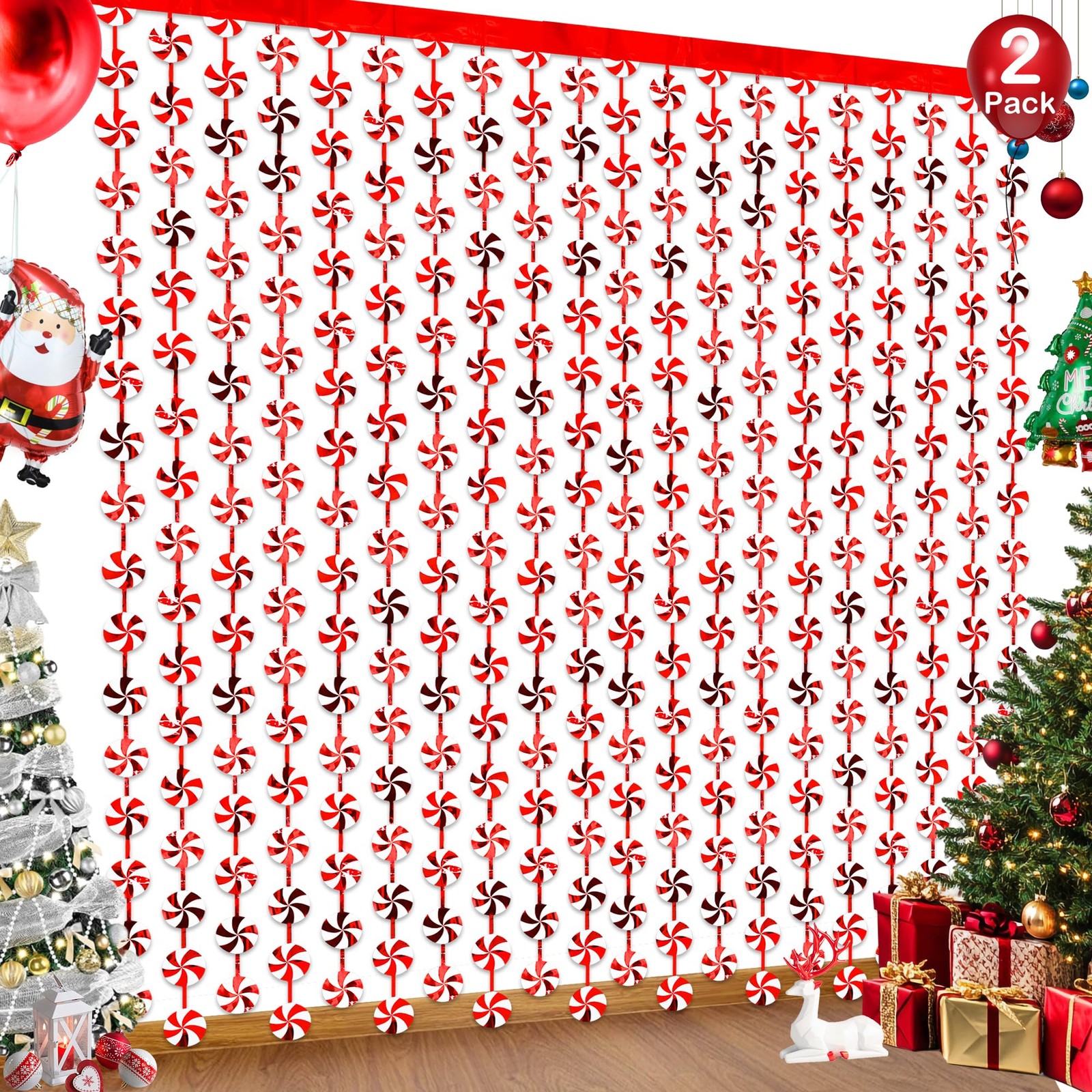 2 PCS Candy Cane Foil Fringe Curtains 3.3×6.56Ft Red White Christmas Decor