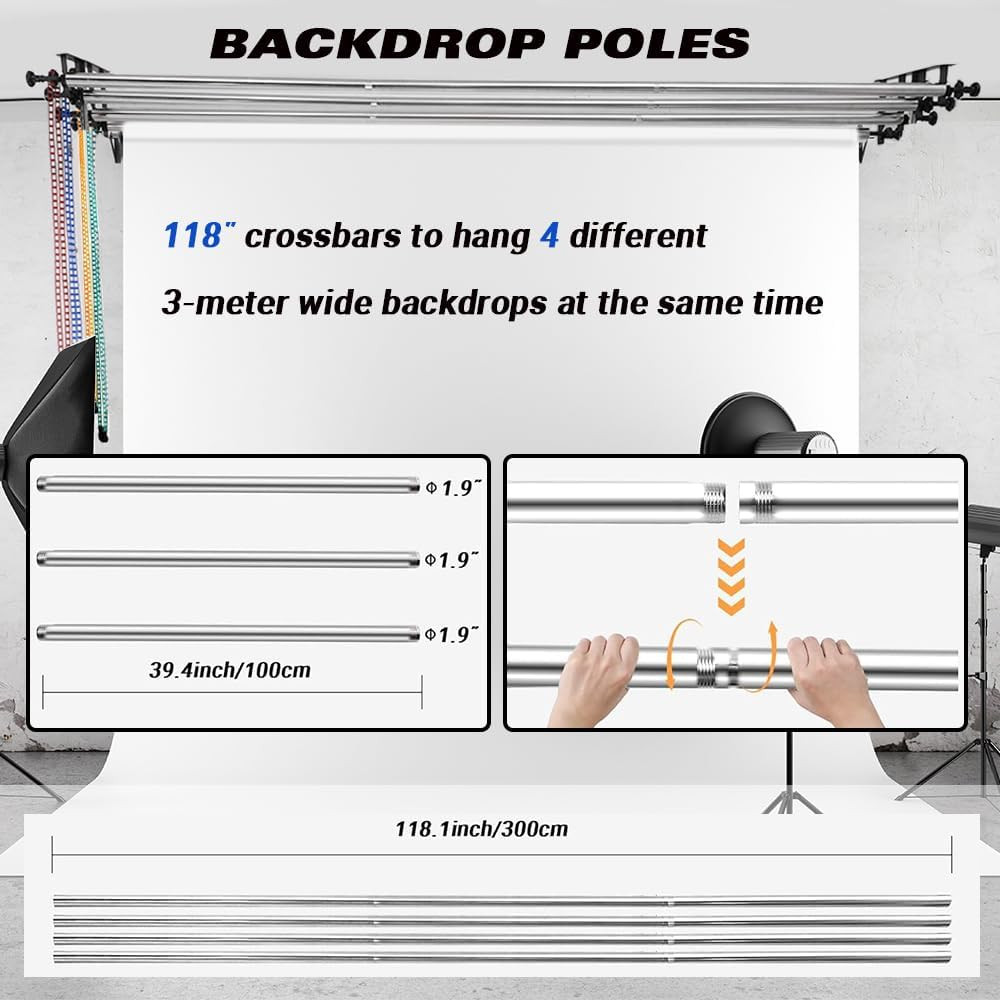 Photography Backdrop 4 Roller Support System, 118 Inch Stainless Steel Crossbars