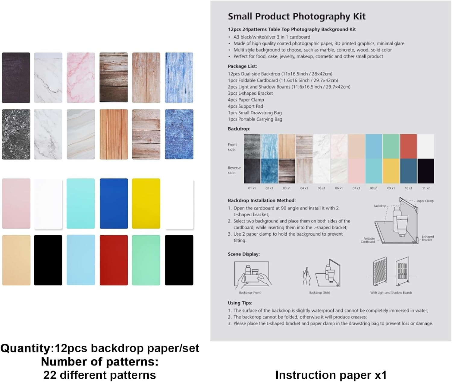 12Pcs 22Patterns Small Product Photography Backdrops Kit Photo Background Food