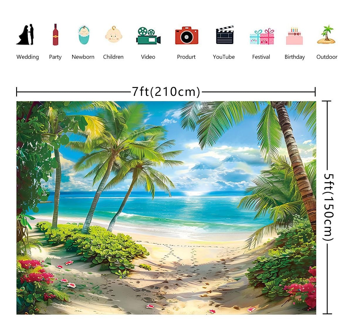 Summer Tropical Beach Backdrop Seaside Sand Palm Trees Hawaii 7×5 Ft Prop