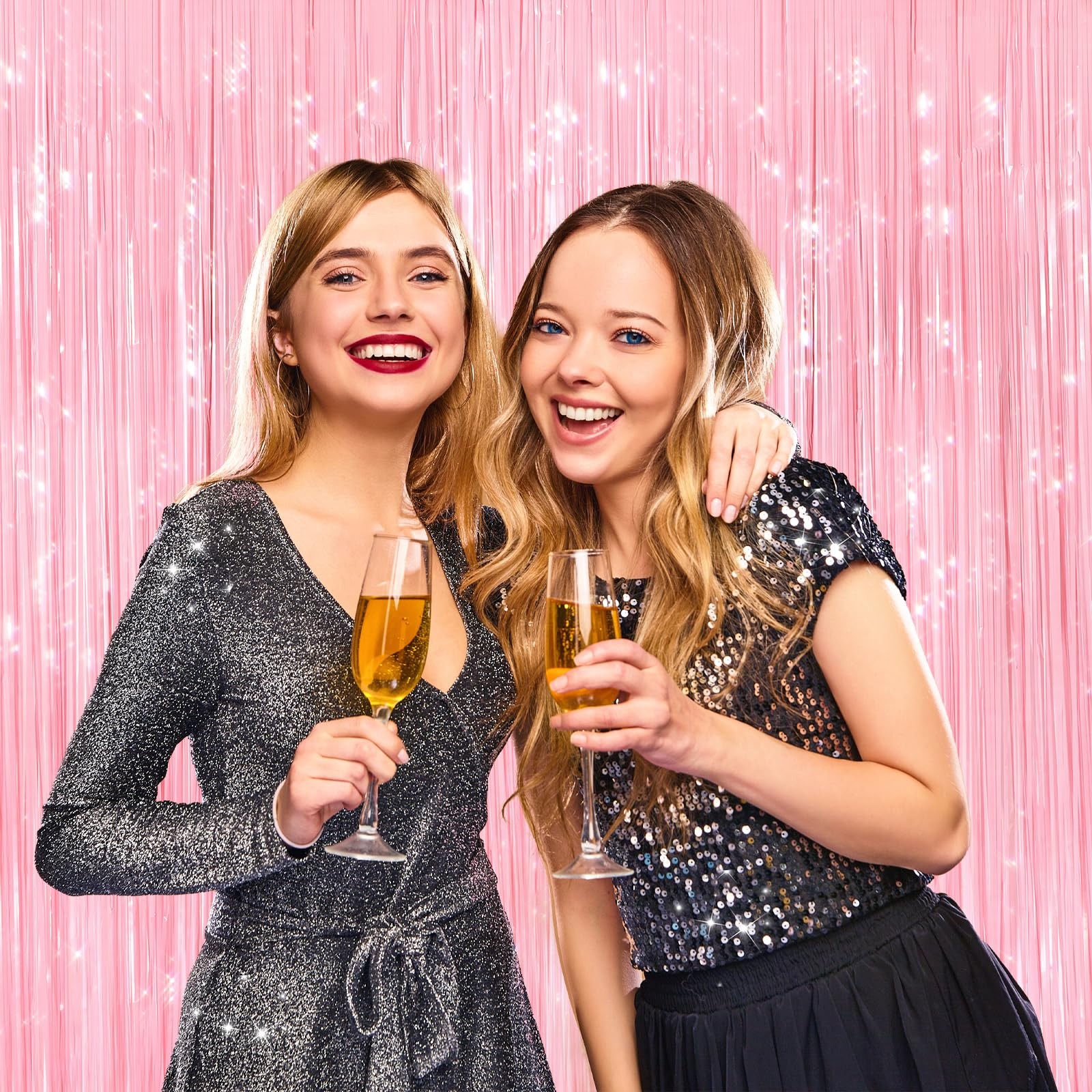 2 PCS Pastel Pink Metallic Tinsel Foil Fringe Curtains Photo Booth Backdrop