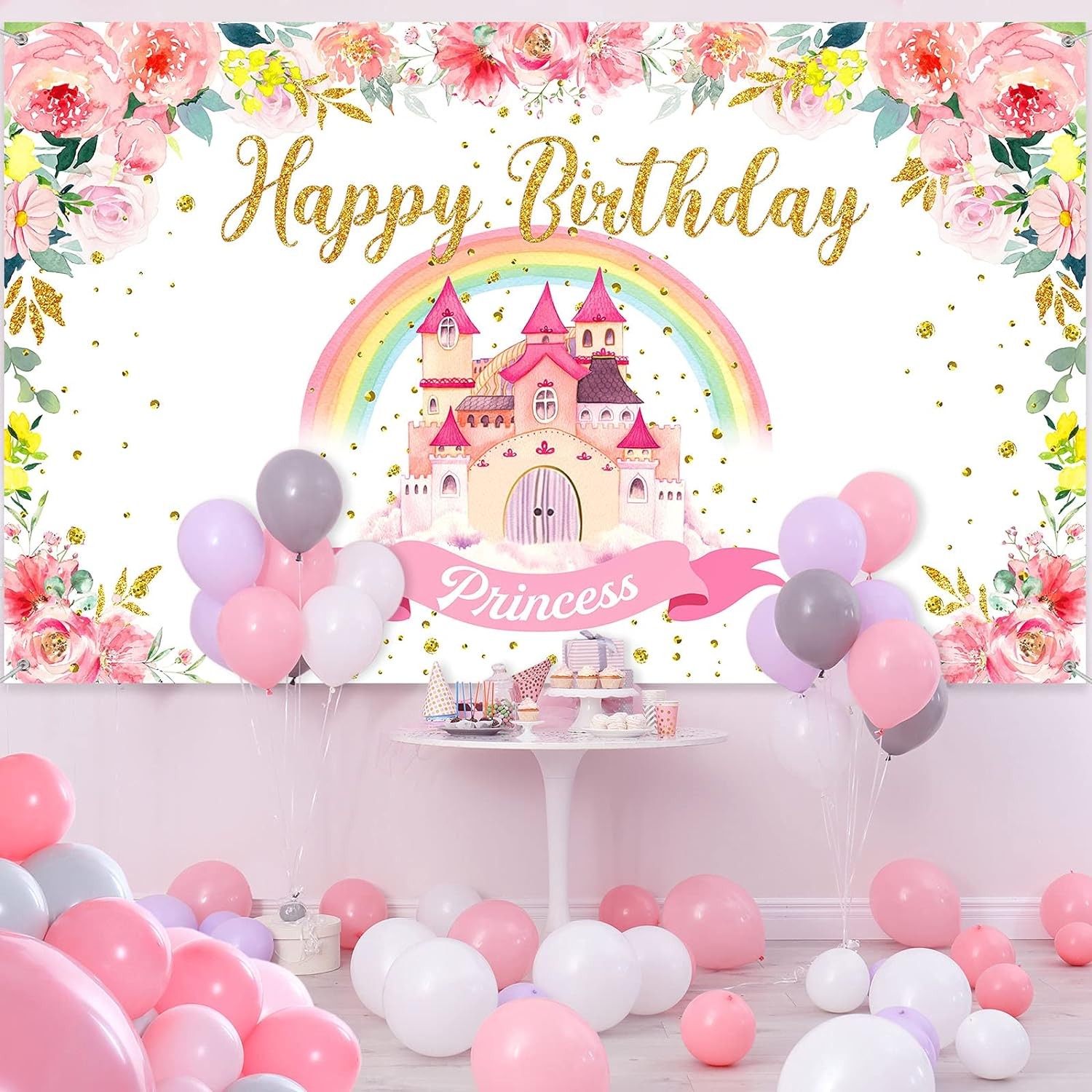 Tegeme Princess Birthday Party Backdrop Pink Royal Castle Large, Pink,Rainbow