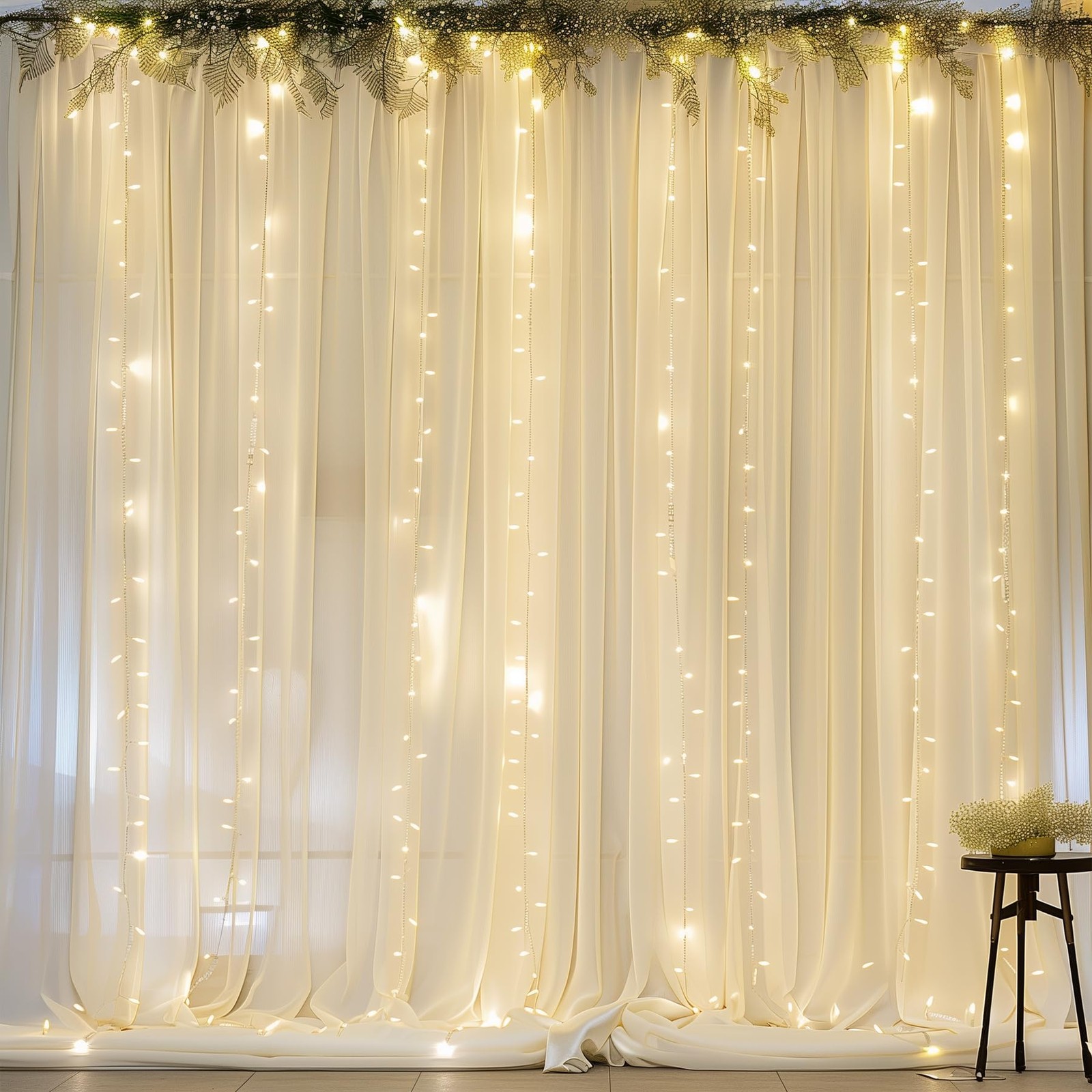 10x10ft Beige Chiffon Backdrop Curtain Set With Lights String Wedding