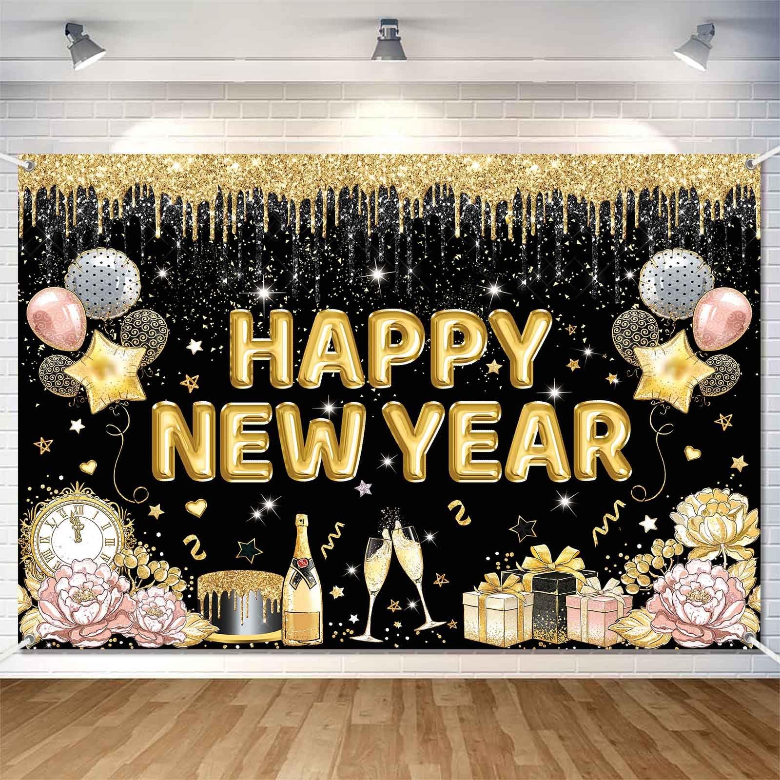 Happy New Year Banner Backdrop for New Years Decorations 2026 Large Black and…