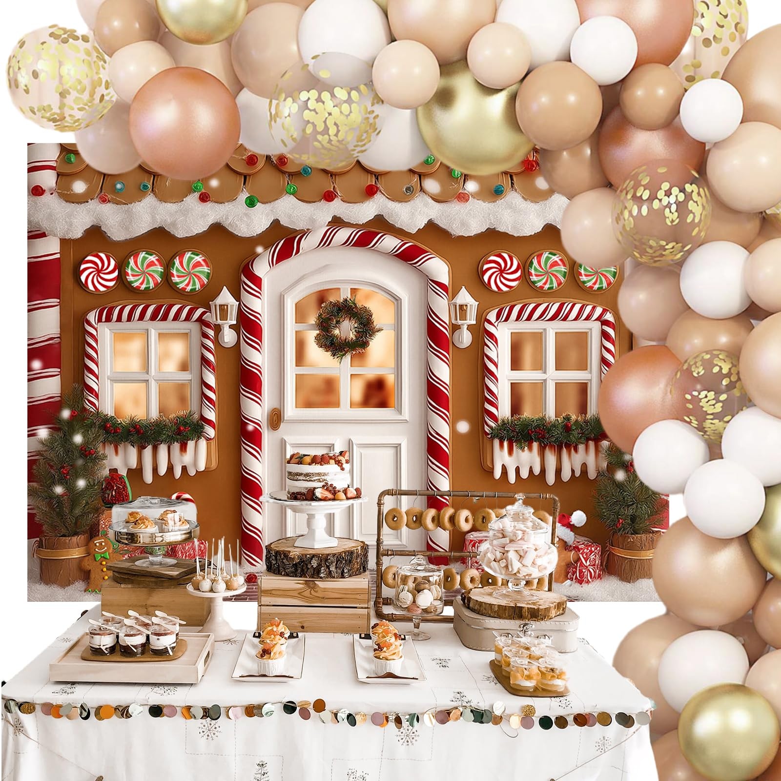 7x5FT Gingerbread Christmas Backdrop Candy Cane House Family Photo Props
