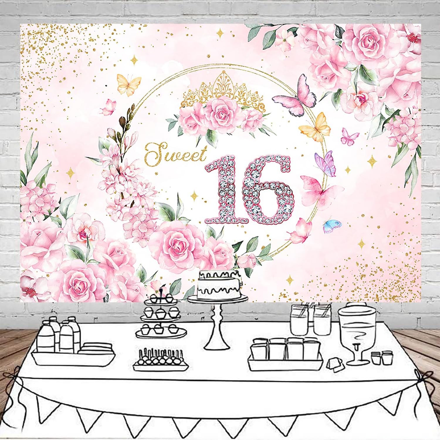 7x5ft Sweet 16 Backdrop Banner Decorations for Girls Birthday Party Pink Flor…