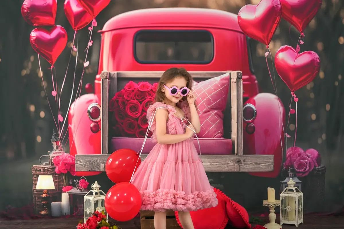 10X8Ft/3X2.5M Valentine Backdrop Truck Heart Balloon Rose Computer Printed Cloth