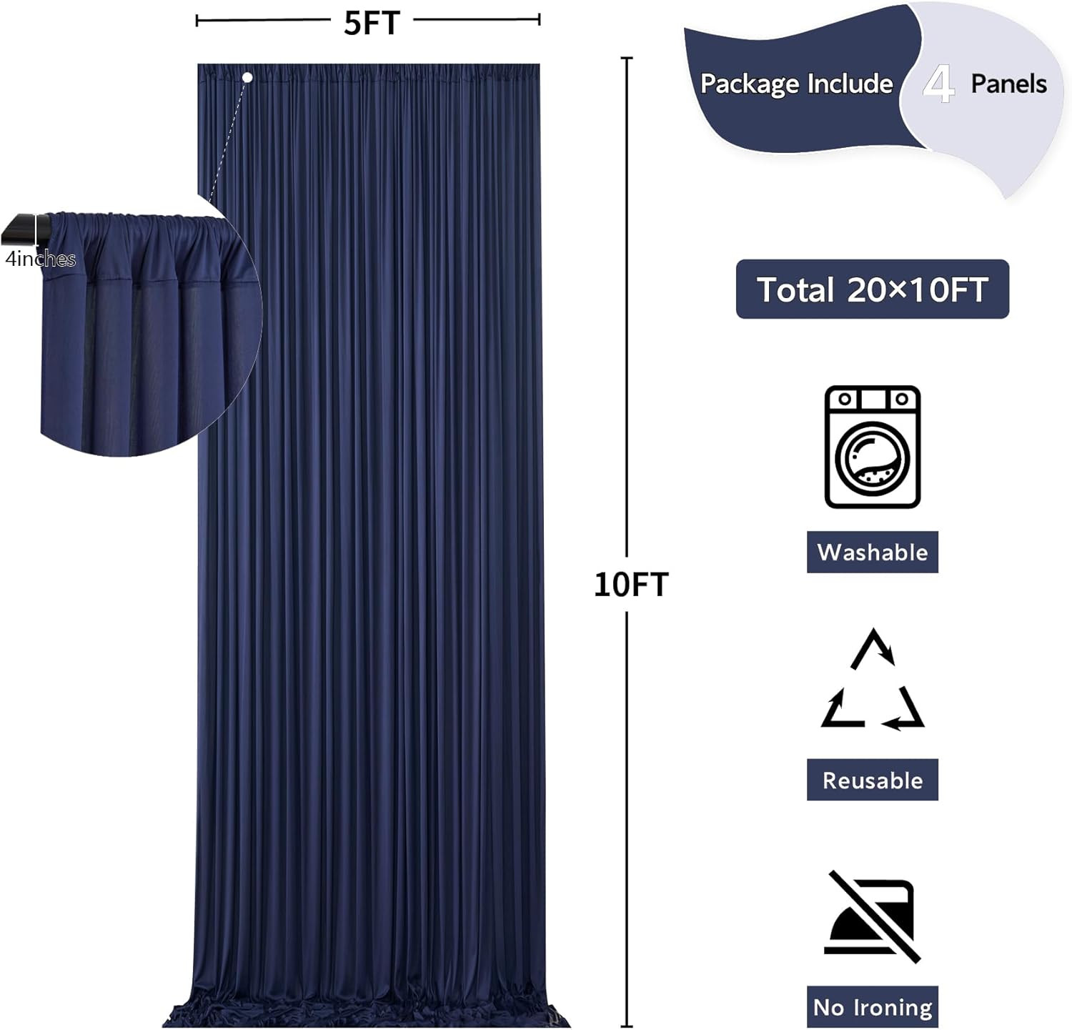 20ft x 10ft Navy Blue Wrinkle-Free Backdrop Curtain for Events & Photos