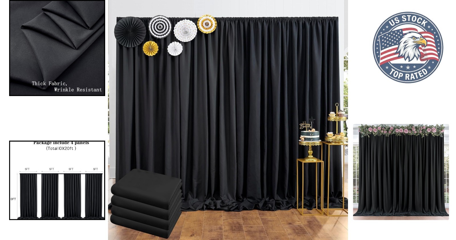 20ft x 10ft Thick Black Backdrop Curtain Panels – Perfect for Weddings & Parties