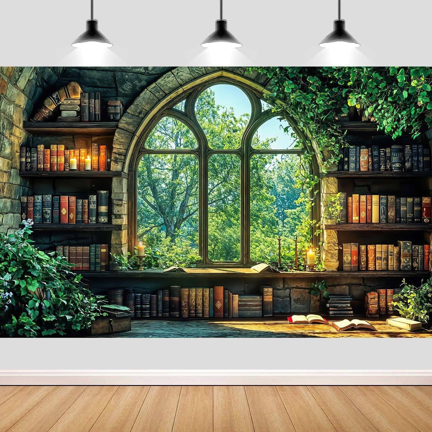 Vintage Forest Bookshelf Backdrop 10x8ft – Retro Green Library Photography Prop