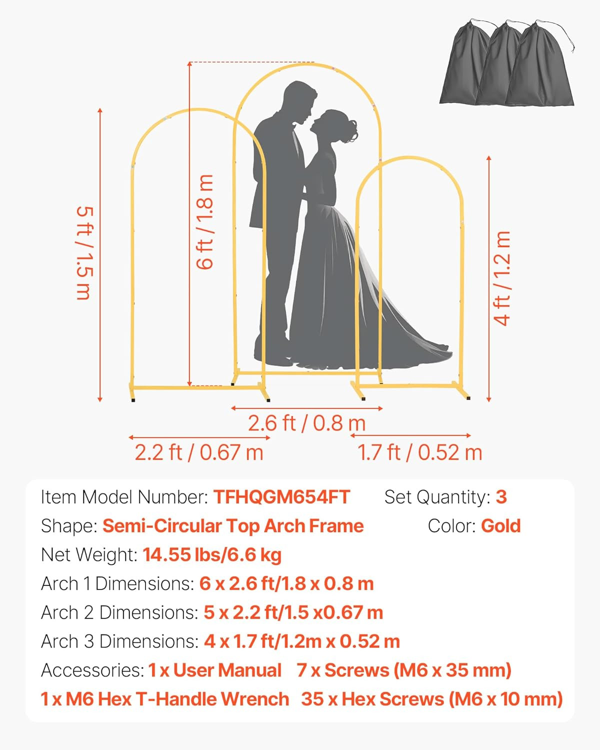 Arch Backdrop Stand, Set of 3, 6/5/4 Ft, Stable Structure, Easy Assembly, Gold M