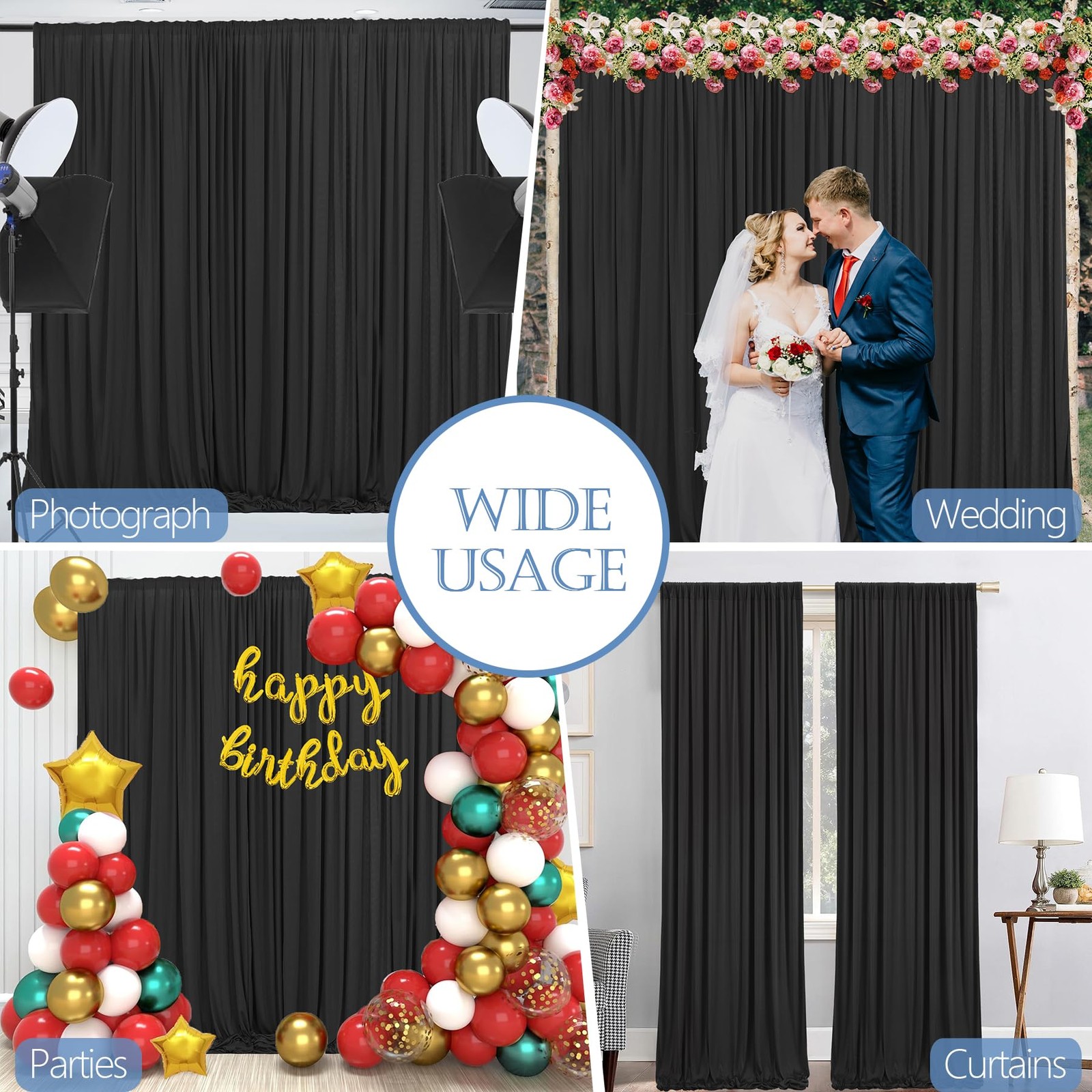 2 PCS 5×10 FT Black Wrinkle Free Soft Fabric Backdrop Curtains Wedding Drapes