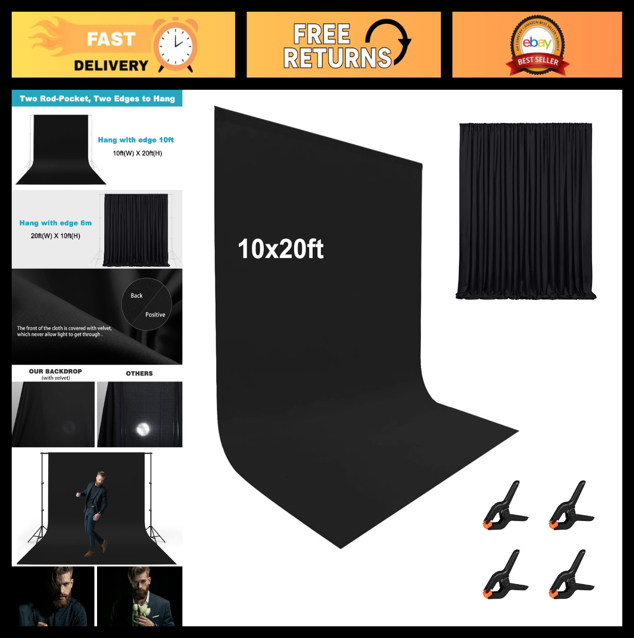 10x20ft Black Photography Backdrop Curtain, Polyester Fabric with 4 Clamps for E