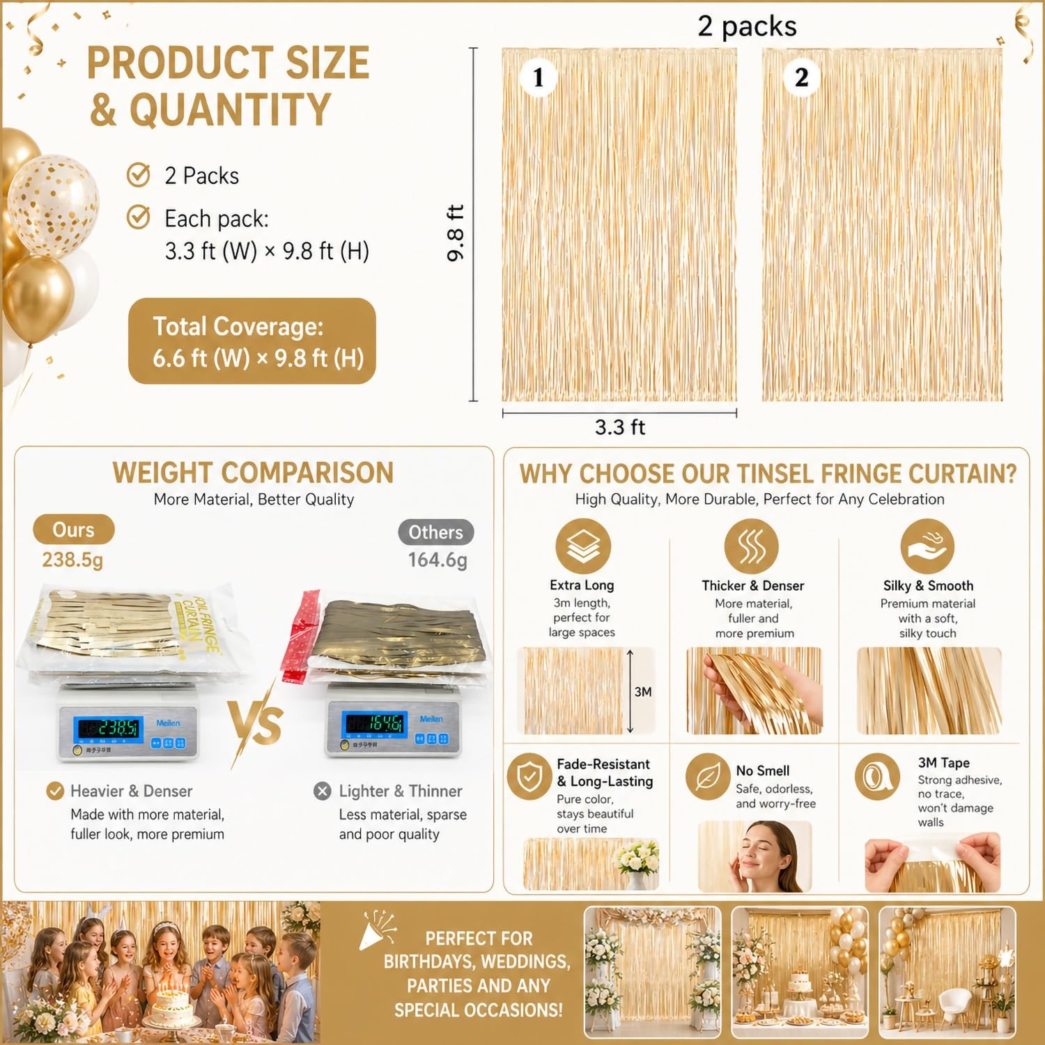 2 PCS Light Gold Backdrop Curtains 6.6×9.8 FT Matte Foil Fringe Streamers