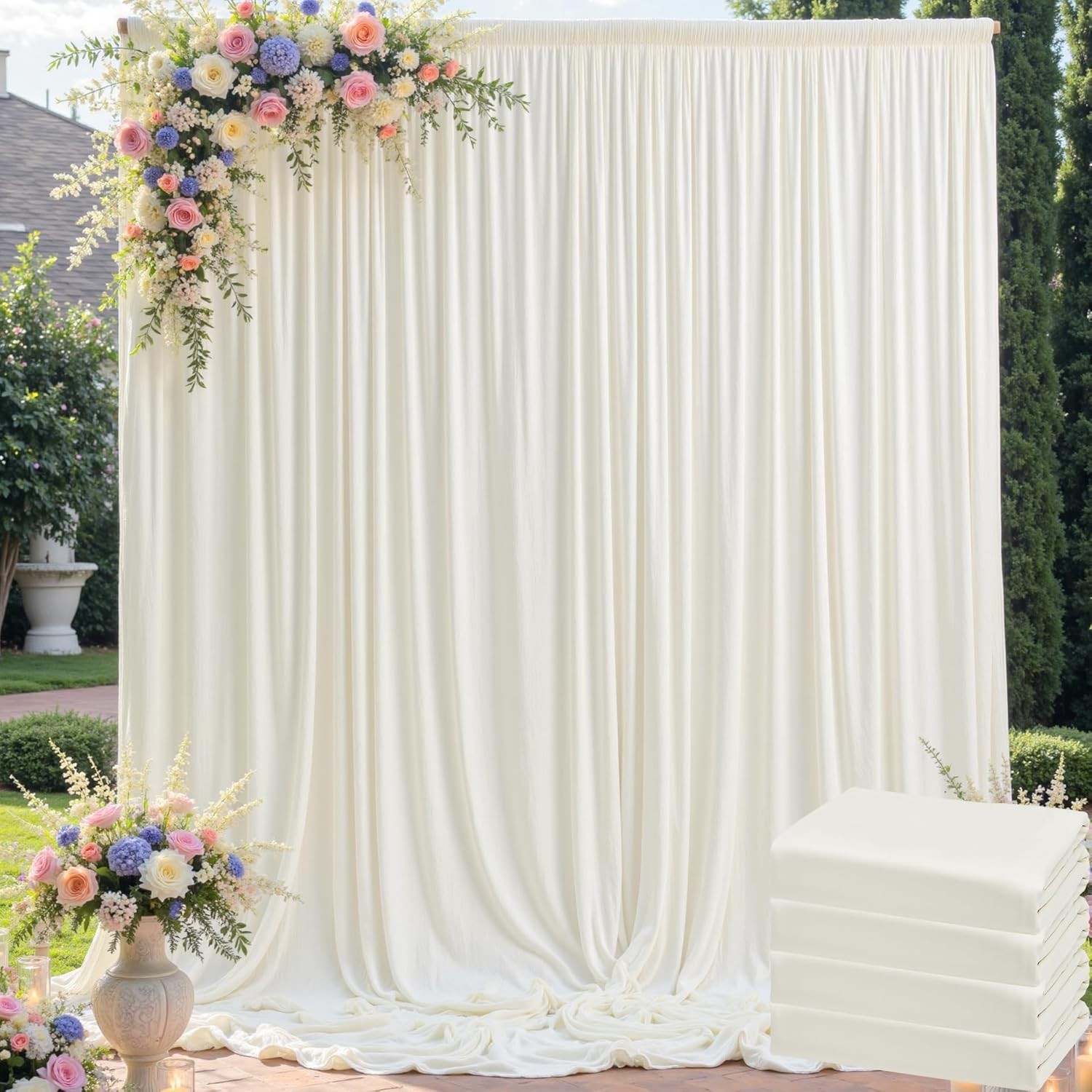 20ft x 10ft Wrinkle Free Ivory Backdrop Curtain for Parties, 4 Panels 5x10ft Sil