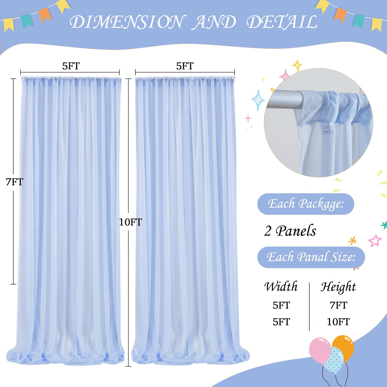 10 x 10 Ft Baby Blue Chiffon Backdrop Curtain Lights String Wedding Photo