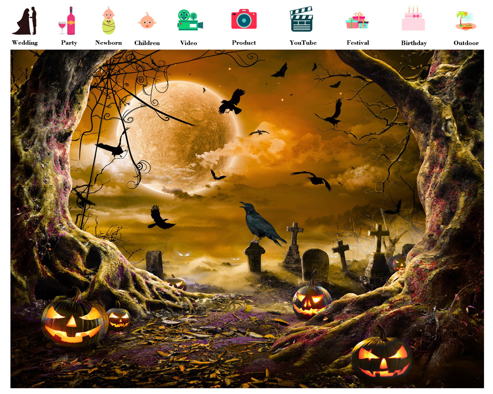 10x8ft Pumpkin Orange Full Moon Bat Halloween Photo Background Studio Props