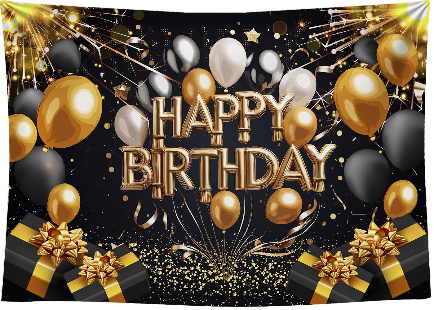 DePhoto 7x5Ft Black Gold Happy Birthday Backdrop Gold and Black Glitter Balloon