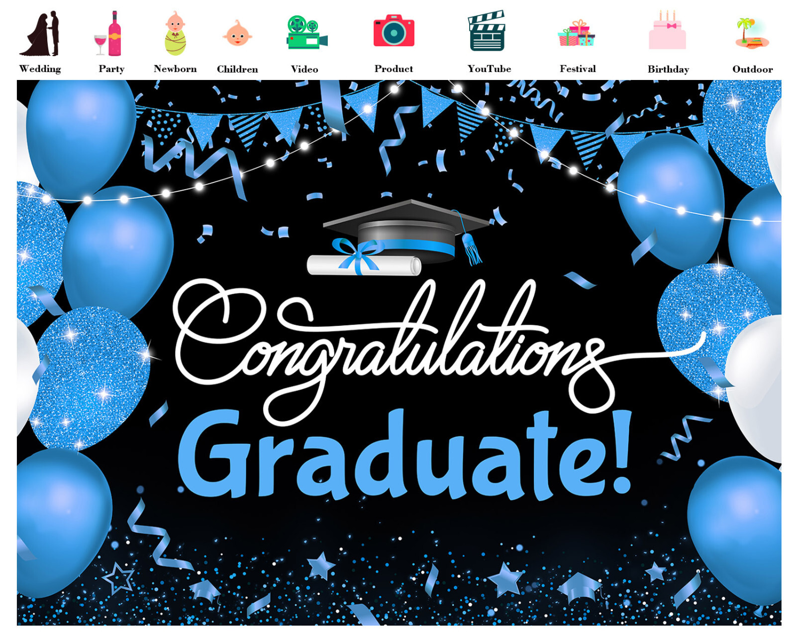 10x8ft Creative Blue Balloon Graduation Party Photo Background Studio Props