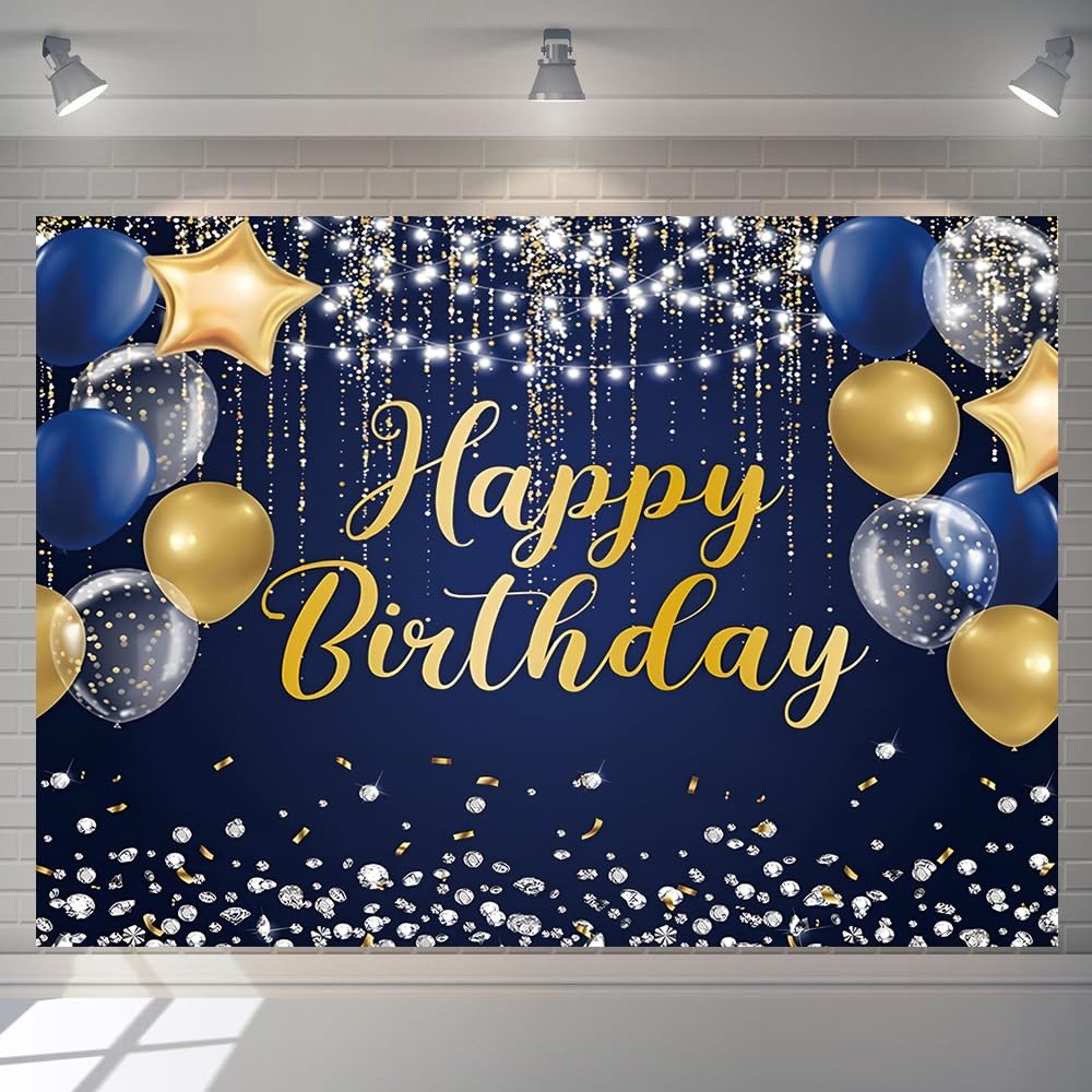 Happy Birthday Backdrop 7x5ft for Men Boys Navy Blue and Gold Happy Birthday …